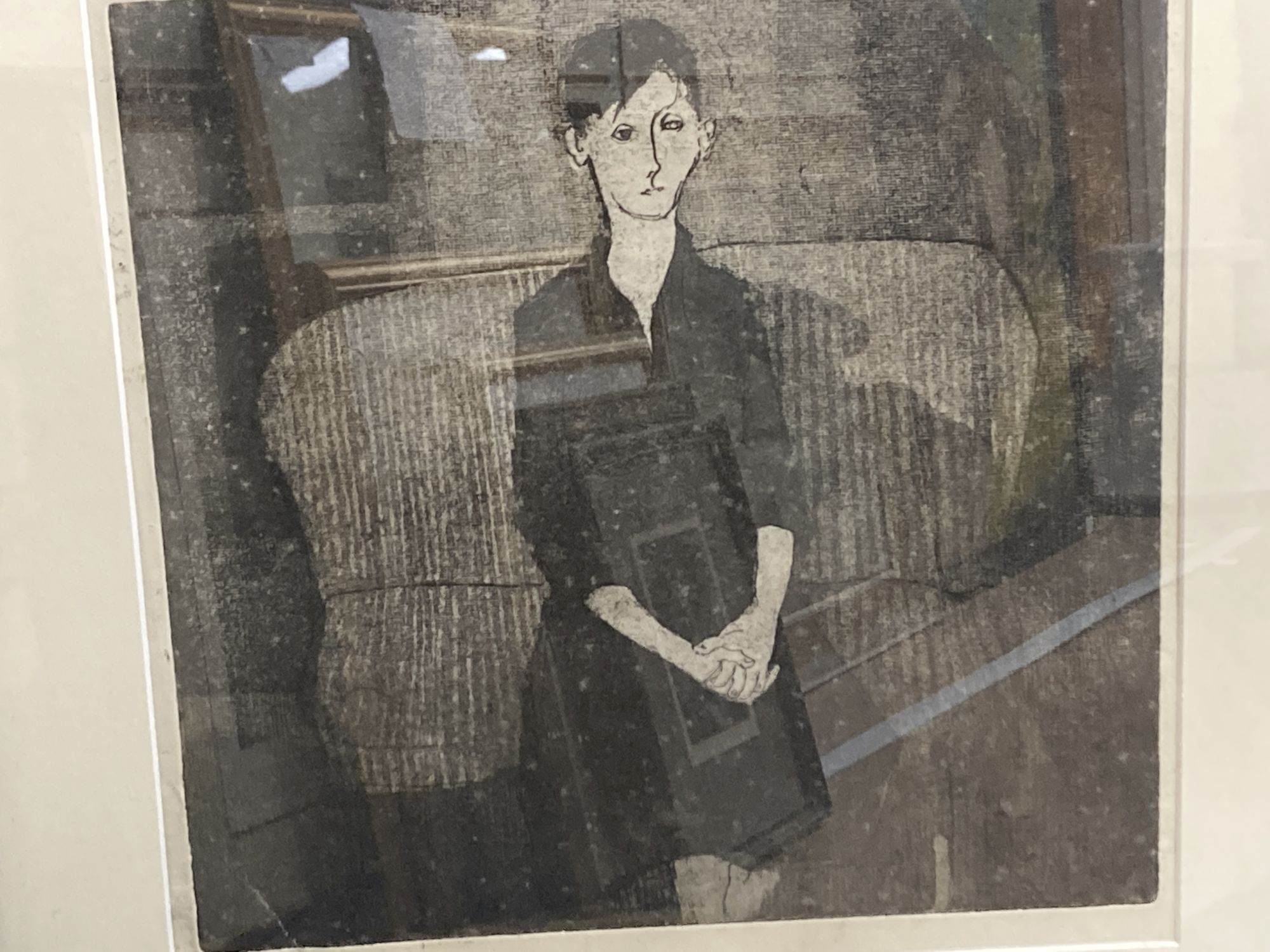 Modern British, etching and aquatint, Woman seated on a sofa, 33 x 32cm, a Polish artist proof print, 43 x 52cm and a pen and ink study